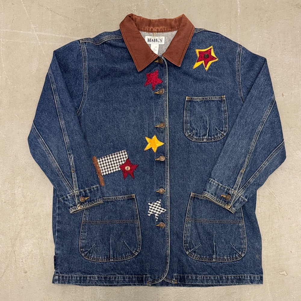 Vintage Denim Overcoat with Embroidered Stars and American Flag